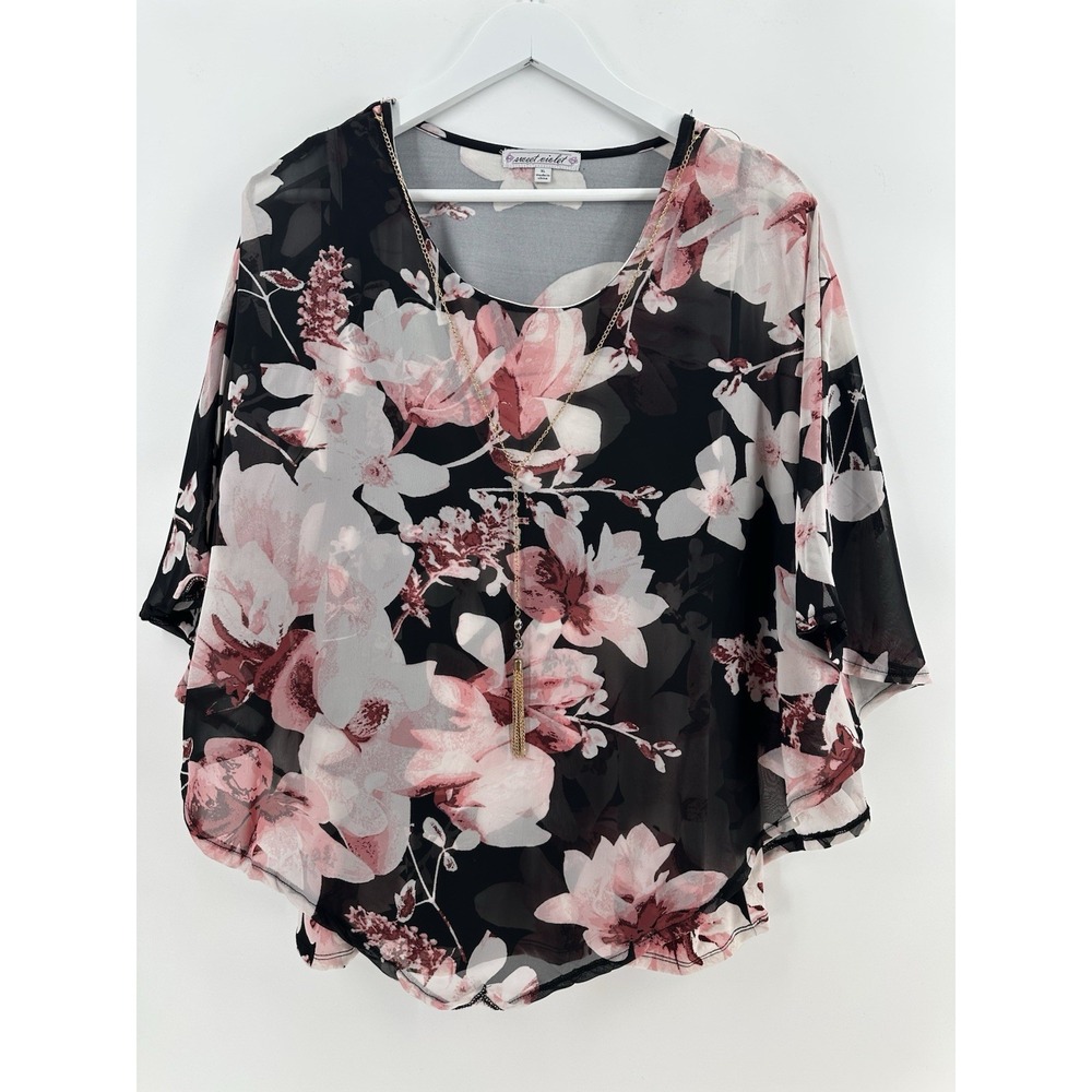 Sweet Violet Brand Floral Chiffon‎ Blouse Black Pink Lined Necklace Y2K S1001